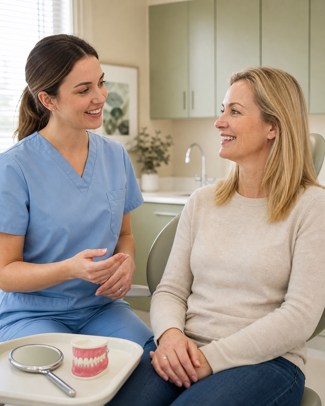 A dentist speaking with a patient after a routine dental appointment